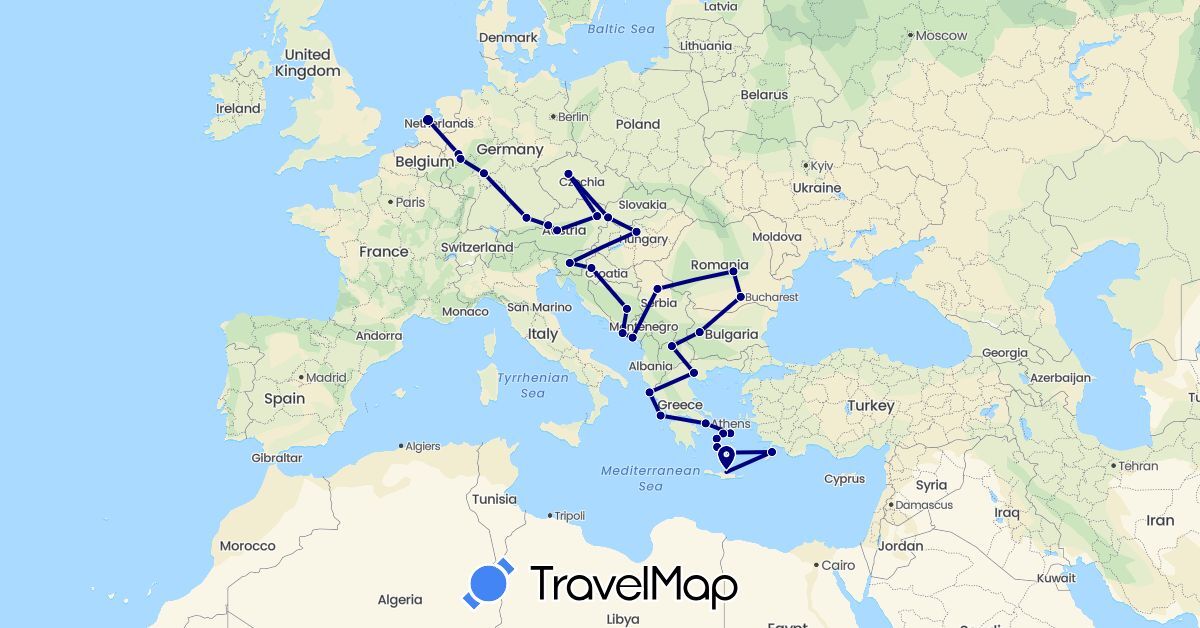 TravelMap itinerary: driving in Austria, Bosnia and Herzegovina, Bulgaria, Czech Republic, Germany, Greece, Croatia, Hungary, Montenegro, Macedonia, Netherlands, Romania, Serbia, Slovenia, Slovakia (Europe)
