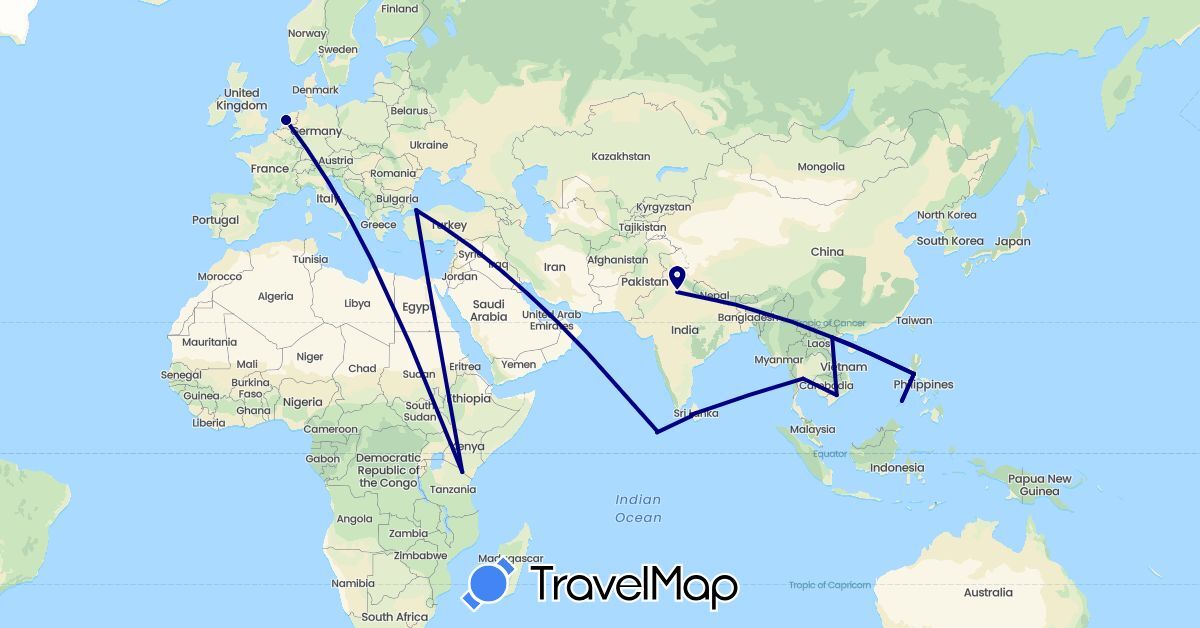 TravelMap itinerary: driving in Egypt, India, Sri Lanka, Maldives, Netherlands, Philippines, Thailand, Turkey, Tanzania, Vietnam (Africa, Asia, Europe)